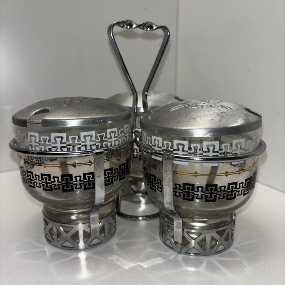 Libbey vintage 50s condiment caddy with embossed lids